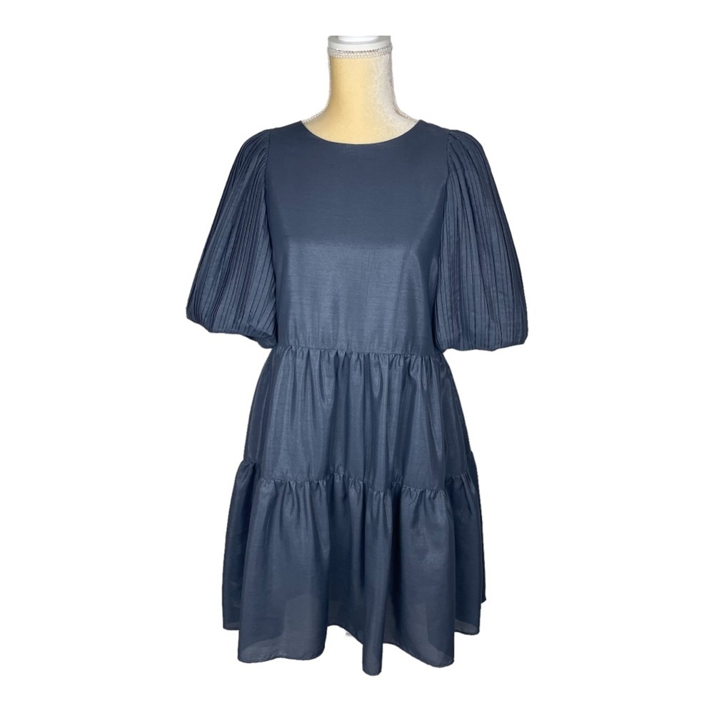 Moodie Tiered Dress Gray Blue Balloon Sleeves Size Small‎